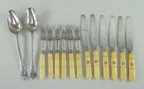 ASSORTED SILVER FLATWARE comprising pair of George III engraved silver spoons with family crest 'out