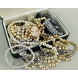 ASSORTED COSTUME JEWELLERY comprising 9ct gold cameo brooch, various pearls, costume bracelets and