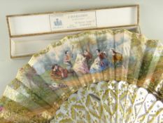 FRENCH HAND-COLOURED LITHOGRAPHED FAN, c. 1850s, double sided, with foil decorated and pierced