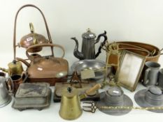 ASSORTED METALWARE, including copper measures, trivet kettle, spirit kettle, brass chocolate pots,