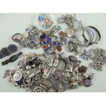 ASSORTED SILVER & WHITE METAL ITEMS comprising various charms, Sterling silver bracelet set with