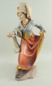 EUROPEAN CARVED FRUITWOOD, GESSO & POLYCHROME FIGURE OF A MAIDEN, dressed in medieval costume with