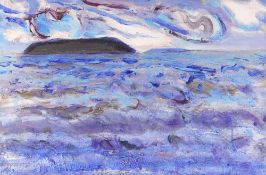 DEREK SOUTHALL (1930-2011) acrylic on canvas - seacape with island, 30 x 45cms, with 1982 Nicola