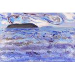 DEREK SOUTHALL (1930-2011) acrylic on canvas - seacape with island, 30 x 45cms, with 1982 Nicola