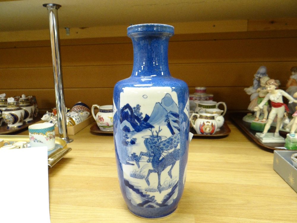CHINESE POWDER BLUE GROUND ROULEAU VASE, late Qing dynasty, painted in the Kangxi-style with large - Image 4 of 12