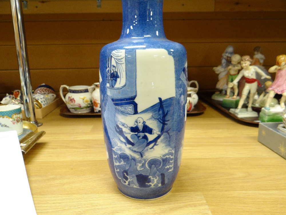 CHINESE POWDER BLUE GROUND ROULEAU VASE, late Qing dynasty, painted in the Kangxi-style with large - Image 7 of 12