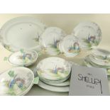 SHELLEY ART DECO BONE CHINA DINNER SERVICE, 'Gladiola' pattern no.11962, printed in grey and