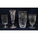 FOUR GOOD CUT GLASS VASES, comprising a Regency strawberry cut glass celery vase, Victorian celery