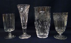 FOUR GOOD CUT GLASS VASES, comprising a Regency strawberry cut glass celery vase, Victorian celery