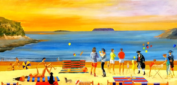 RICHARD O'CONNELL oil on canvas entitled 'Beach Party at Sully, Penarth', 100cm x 80cm