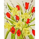 SUE TRUSLER watercolour Entitled 'Daffodils' 31cm x 39cm glazed white frame