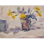 LYNNE CARTLIDGE oil on board Entitled 'Spring flowers in a striped Mug' 58cm x 48cm white frame