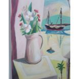 EMRYS WILLIAMS oil on linen Entitled 'Flowers at the Window' 41cm x 51cm framed in white