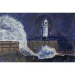 RAY THOMAS acrylic Entitled 'Porthcawl Lighthouse', 38 x 31cm, framed in white