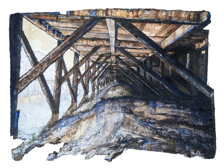 THEO CRUTCHLEY MACKS mixed media Entitled 'Beneath the Pier' 103cm x 80cm superbly framed