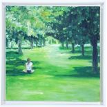 MORWENNA JONES oil on canvas Entitled 'Solitary Girl in Park' 45cm x 45cm floating white frame