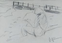 WILL ROBERTS graphite on paper - solitary reader on seashore, signed with initials, 19 x 28cms