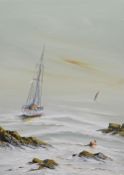 NICK JOHN REES oil on canvas - entitled verso 'Dangerous Mooring Pembrokeshire Coast', signed verso,