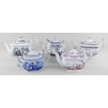 FIVE CAMBRIAN POTTERY TEAPOTS WITH VARIOUS TRANSFERS including blue and white 'Women with