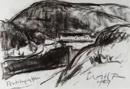 WILL ROBERTS charcoal - landscape, entitled 'Pontrhydfen', signed and dated 1989, 28 x 40.5cms
