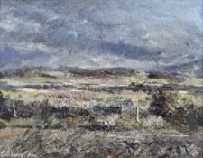 JOHN KNAPP-FISHER oil on board - stormy landscape with distant house, signed, 39 x 49cms Provenance: