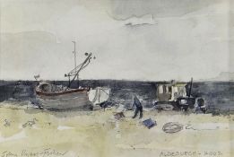 JOHN KNAPP-FISHER pencil and watercolour - beach scene with figure and two boats, titled Aldeburgh