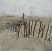 GORDON STUART oil on canvas - minimalist landscape with fence, signed, 59 x 59cms Provenance: estate