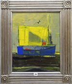 PAUL MARTINEZ FRIAS oil on canvas - sailboat with blue hull, signed and dated 2000, 49 x 39cms