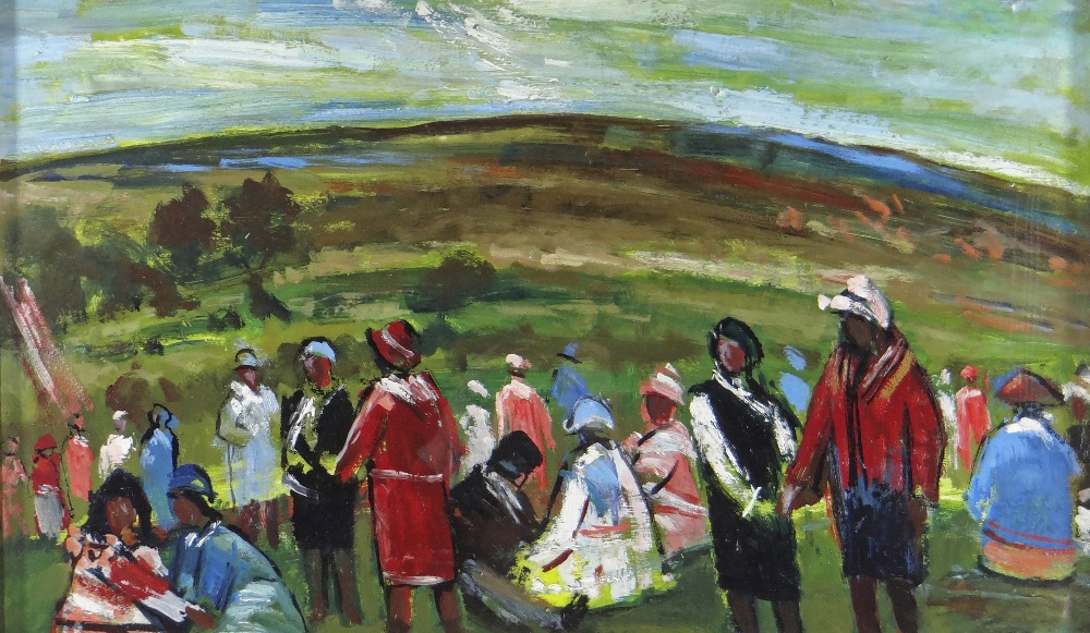 ANDREW VICARI oil on board - entitled verso 'Before the Whitsun March', 39 x 70cms Provenance: