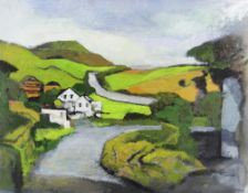 JOHN ELWYN acrylic on paper - landscape with winding road and farm, signed with initials, 35 x 46cms