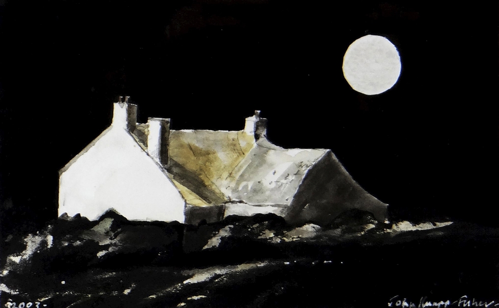 JOHN KNAPP-FISHER ink and watercolour - landscape at night with whitewashed farm, entitled verso