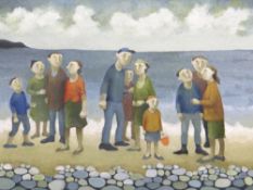 MURIEL DELAHAYE oil on canvas - entitled verso 'Conversations on the Beach', signed, 49 x 68cms