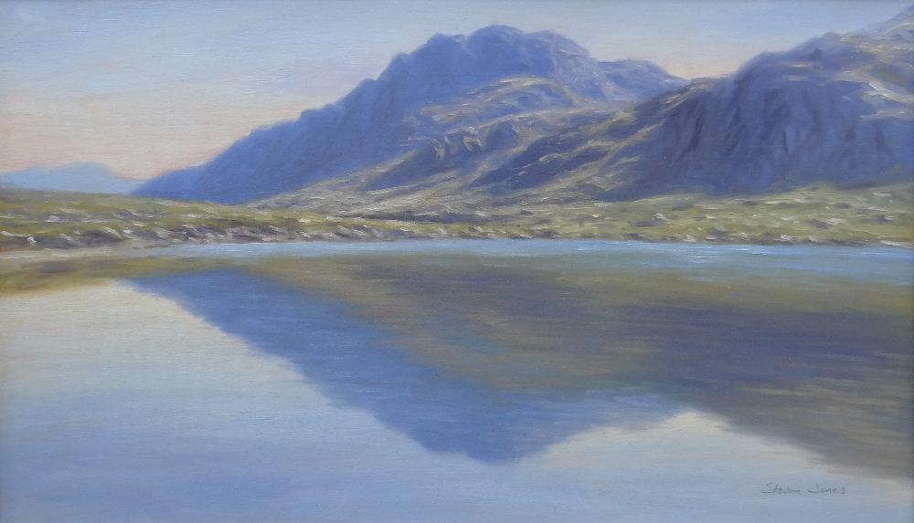 STEVEN JONES oil on board - Snowdonia lake and mountain scene, signed, 37 x 62cms Provenance: