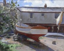 JOHN CYRLAS WILLIAMS oil on canvas - entitled verso 'Boatyard at Mousehole, Cornwall, c.1920', 44