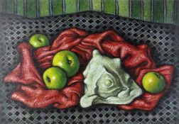 ALFRED JANES oil on board - still-life of apples and shell on red cloth with chequered background,