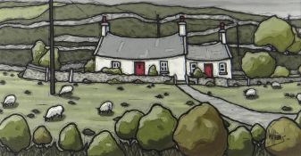 ALAN WILLIAMS acrylic - whitewashed cottage on hillside, entitled verso 'Anglesey Cottage',