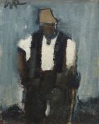 WILL ROBERTS oil on board - standing figure in waistcoat and hat with hand-tool, entitled verso 'The