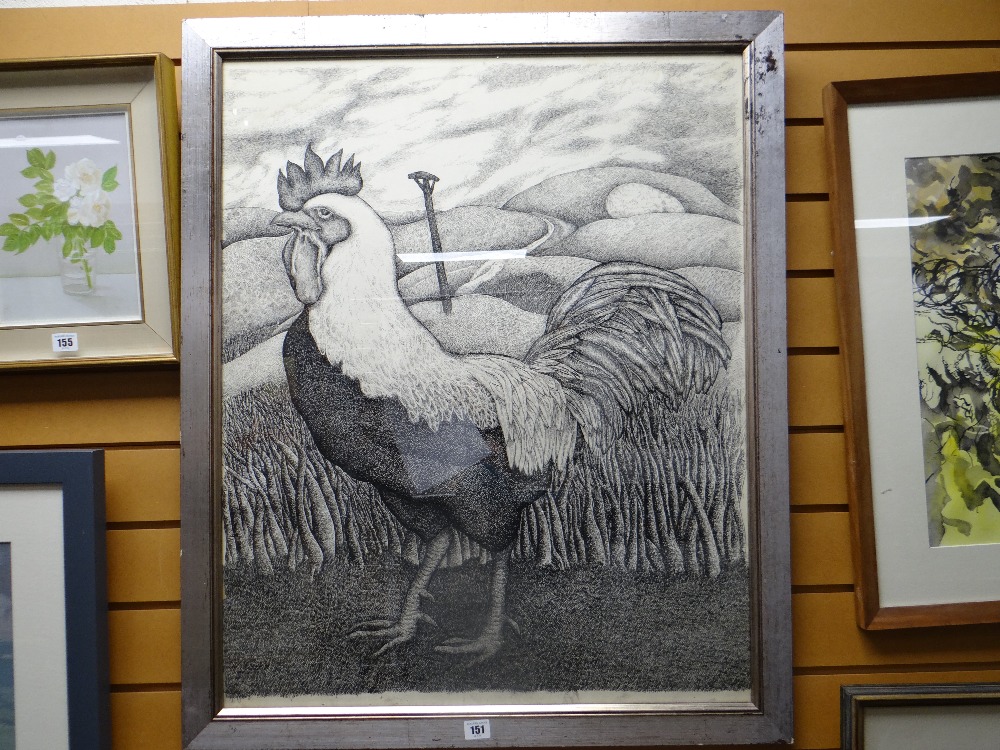 SEREN BELL large pen and ink on paper - study of a cockerel in a landscape, 69 x 64cms Provenance: - Image 2 of 11