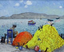 NICK HOLLY oil on canvas - entitled verso 'Mending the Nets, Greece, Kephalonia', signed, dated