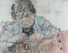 GORDON STUART mixed media - portrait of a lady as she pegs washing to a line, signed, 38 x 47cms