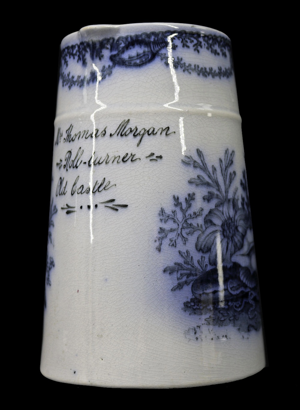 A CAMBRIAN SWANSEA POTTERY JUG OF TAPERING FORM with blue marine-life and shells transfer and