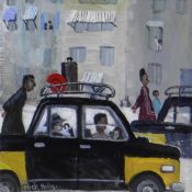 NICK HOLLY acrylic on board - North African city scene with taxi and figures, signed, 18 x 18cms