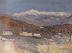 CHRISTOPHER WILLIAMS R.B.A. oil on board - winter landscape with buildings, entitled verso 'Near