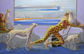 RICHARD O'CONNELL large scale acrylic on canvas - surreal image of harlequins and cheetahs, entitled