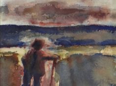 WILL ROBERTS watercolour - standing figure, entitled verso on Attic Gallery label 'Farmer',