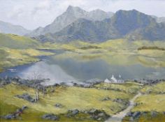 CHARLES WYATT WARREN oil on board - expansive scene of Llyn Trawsfynydd, with whitewashed cottage in