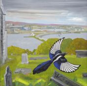 RICHARD O'CONNELL large oil on canvas - two magpies at St. Augustine's Churchyard, Penarth, signed