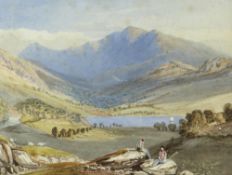 I W R (Victorian British) watercolour - Welsh mountain landscape with two travellers and distant