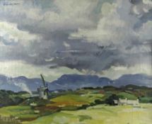 FRANCIS WYNNE THOMAS oil on canvas - historic Ynys Mon landscape with windmill complete with