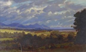 DAVID WOODFORD oil on card - landscape, entitled verso 'The Rivals' and dated 1997, on The Gallery